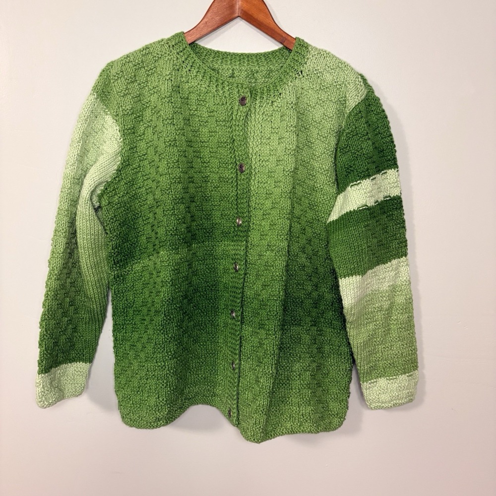 Handknit Green Color Block Cardigan Sweater M/L Handmade